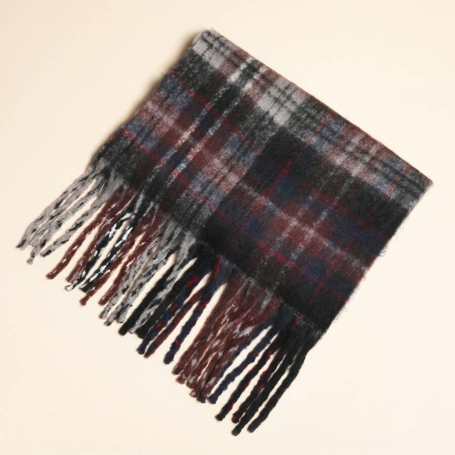 Lisa Angel - Burgundy and Grey Tartan Winter Scarf