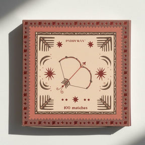 Matches box with decorative design and 'PaddyWax' branding on a white background