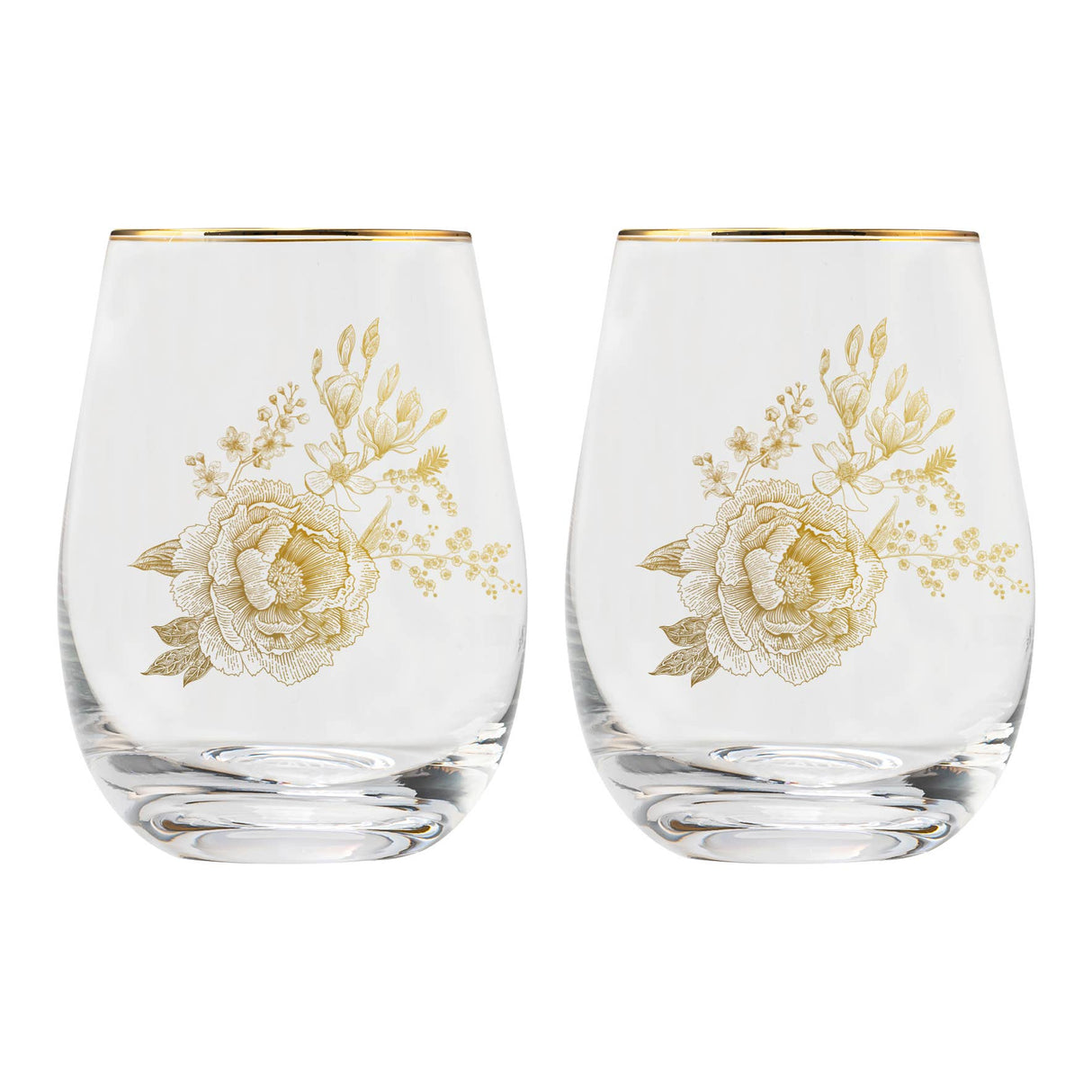 Boxed Set of 2 Stemless Wine Glasses – Delft-Inspired with Gold Floral Detail