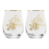 Boxed Set of 2 Stemless Wine Glasses – Delft-Inspired with Gold Floral Detail