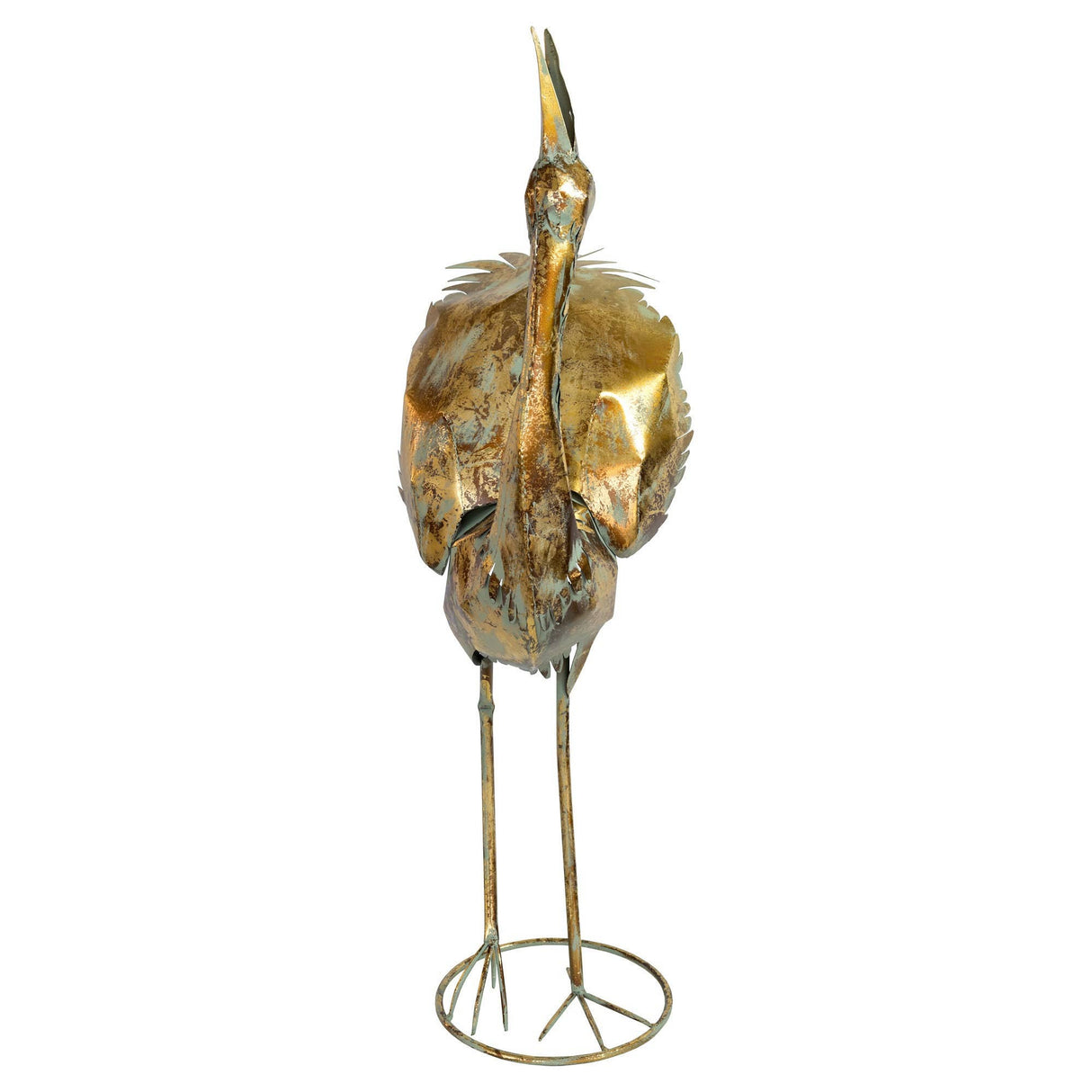 Gold Metal Standing Crane Head Up Sculpture