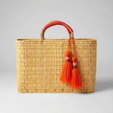 Melecraft - Bohemia Woven Reed Tote Bag with Orange Tassels: Orange.