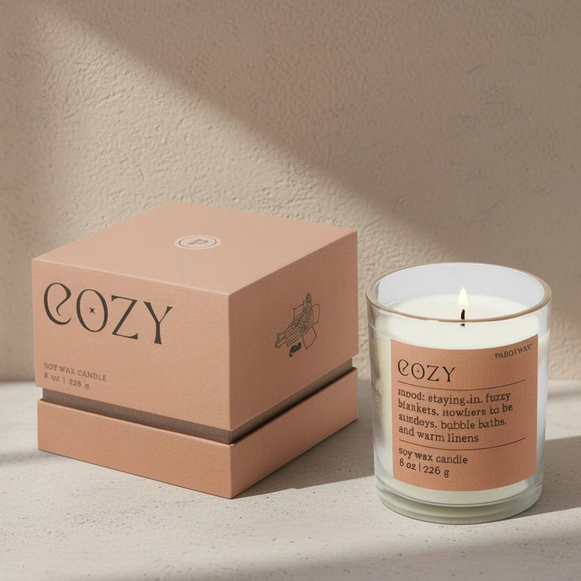 Cozy candle with packaging on a white background