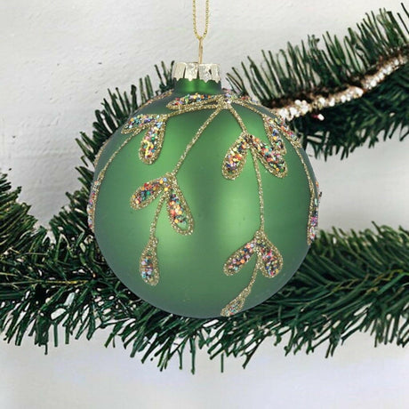 Green Glass Bauble with Gold Leaves.