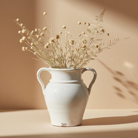 White ceramic vase with handles on a white background