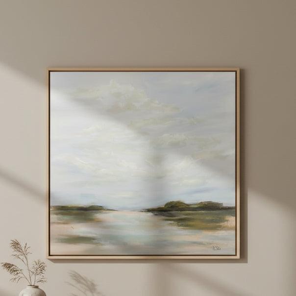 Painting of a landscape with trees and a sky.