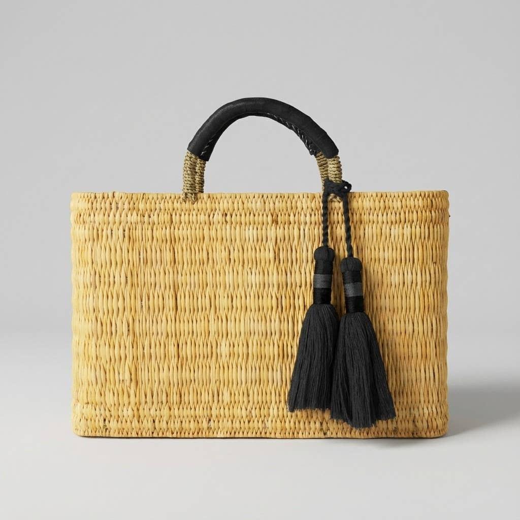 Melecraft - Bohemia Woven Reed Tote Bag with Orange Tassels: Green.