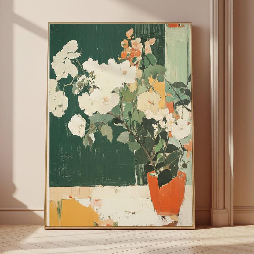 Vintage Green Vase Flowers Art Print A3