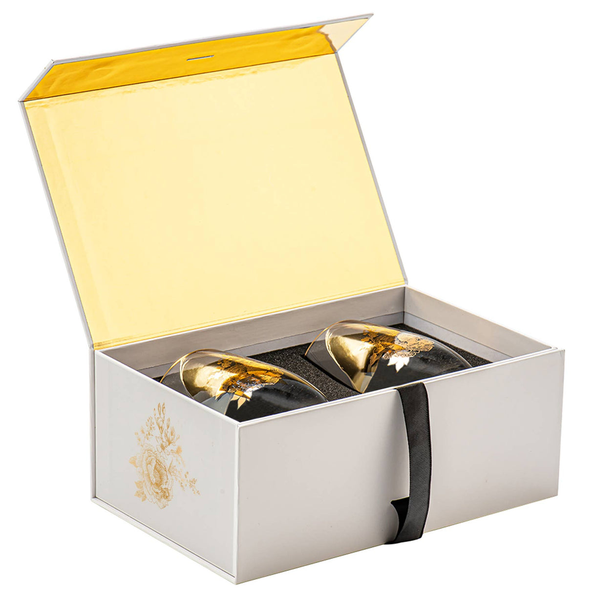 Boxed Set of 2 Stemless Wine Glasses – Delft-Inspired with Gold Floral Detail