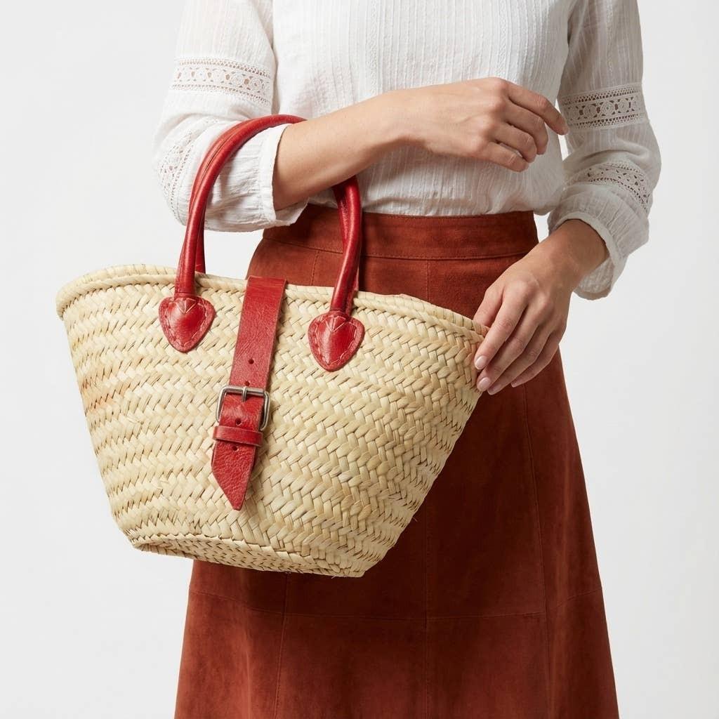 Melecraft - Mini French Market Basket Leather Buckle Straw Bag : Red.