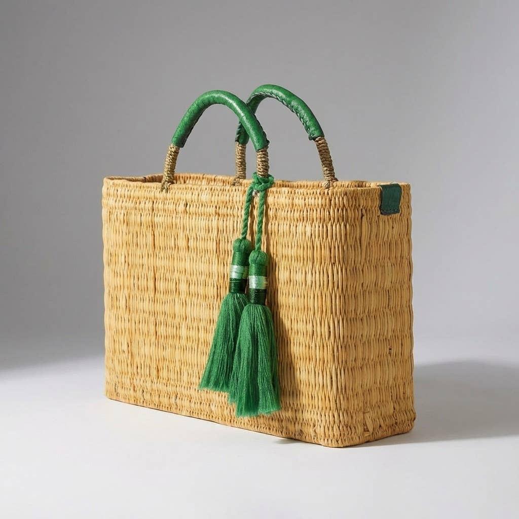 Melecraft - Bohemia Woven Reed Tote Bag with Orange Tassels: Green.