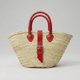 Melecraft - Mini French Market Basket Leather Buckle Straw Bag : Red.