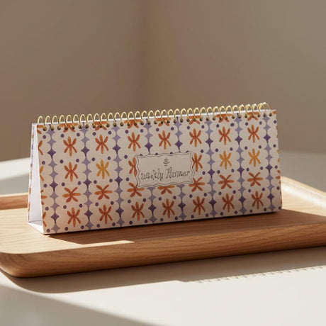 Patterned planner with 'The Weekly Planner' branding on a white background