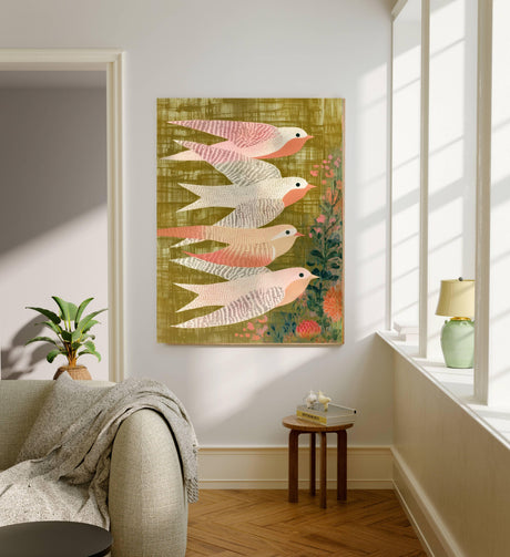 Luxury botanical art print featuring elegant swallows in exquisite detail, perfect for upscale interior decor.
