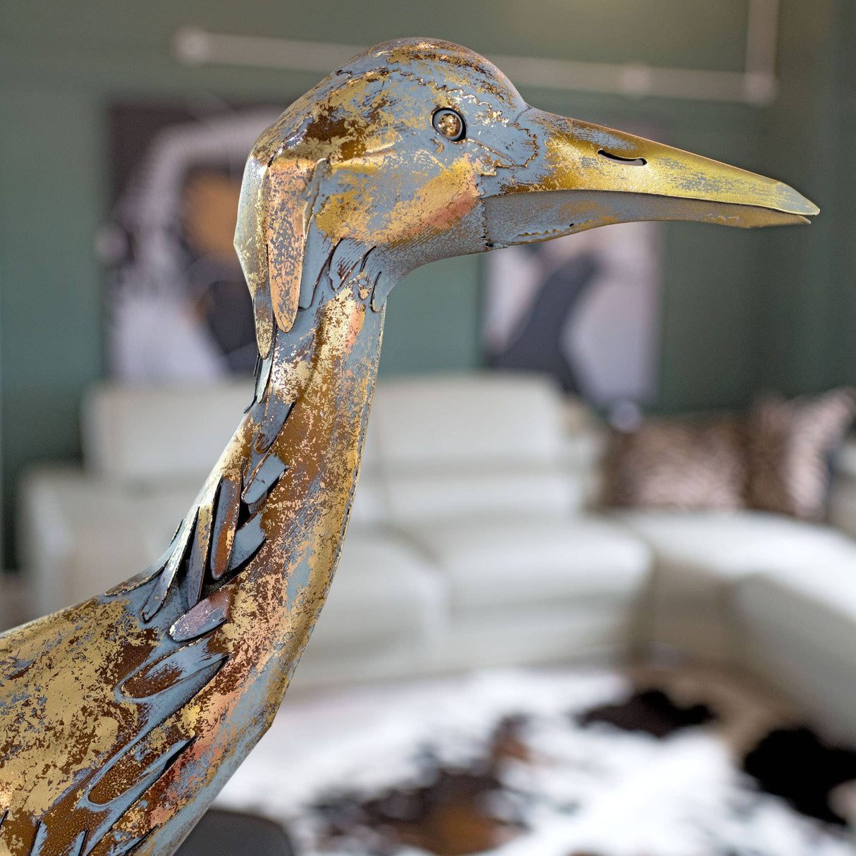 Gold Metal Crane Sculpture