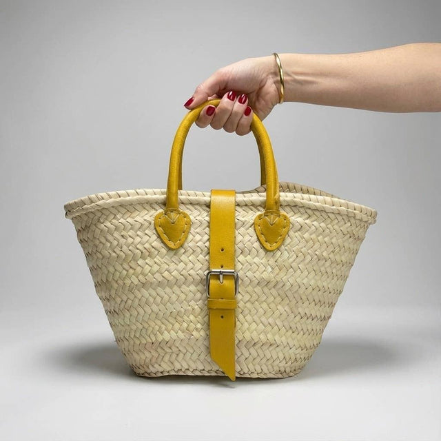 Melecraft - Mini French Market Basket Leather Buckle Straw Bag : Yellow.