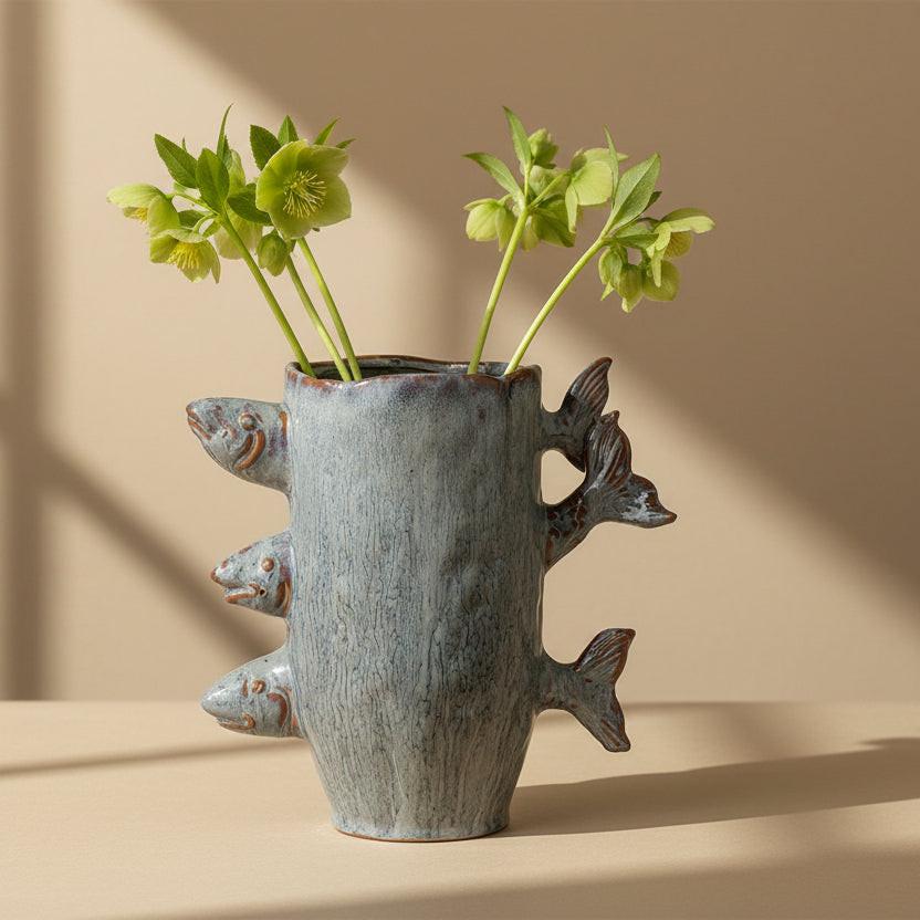 BLUE CERAMIC VASE WITH FISH