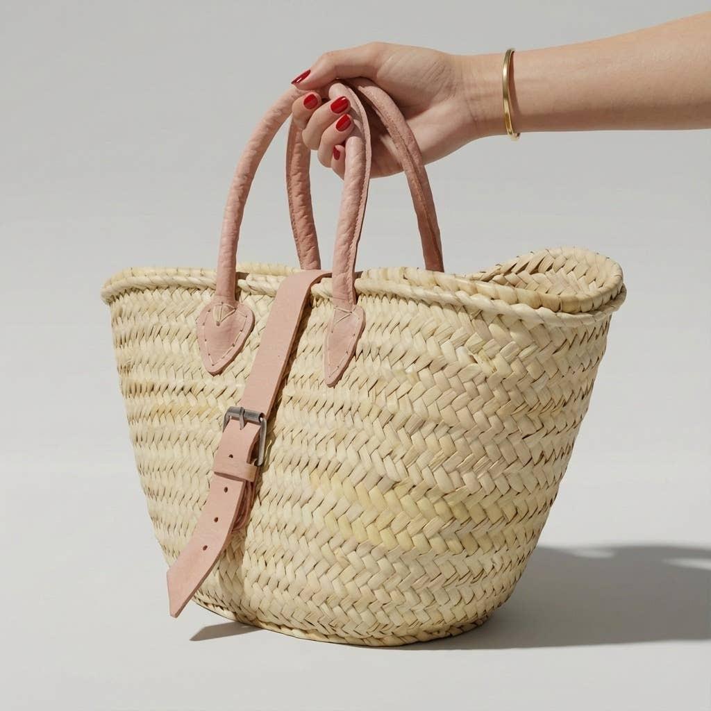 Melecraft - Mini French Market Basket Leather Buckle Straw Bag : Red.