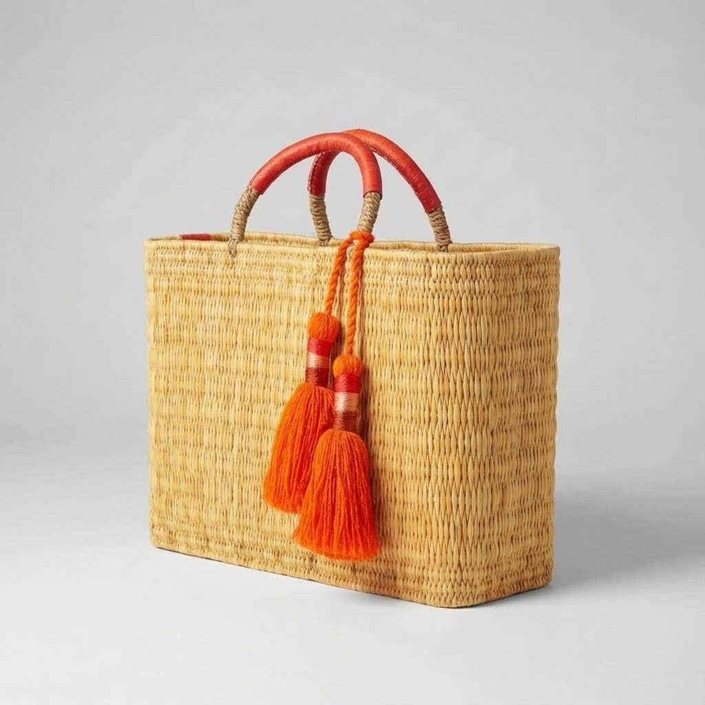 Melecraft - Bohemia Woven Reed Tote Bag with Orange Tassels: Orange.