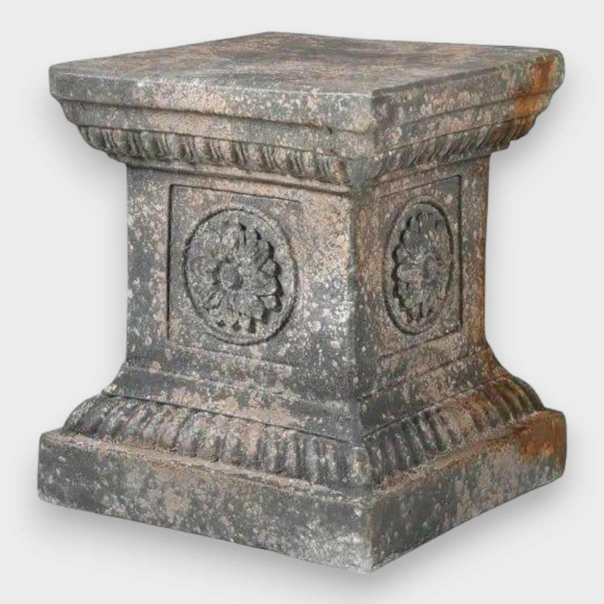 Distressed Stone Effect Square Pedestal with Flower Motif.