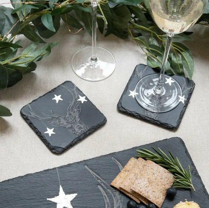 Just Slate Silver Leaf Slate Coasters | Christmas Stag.
